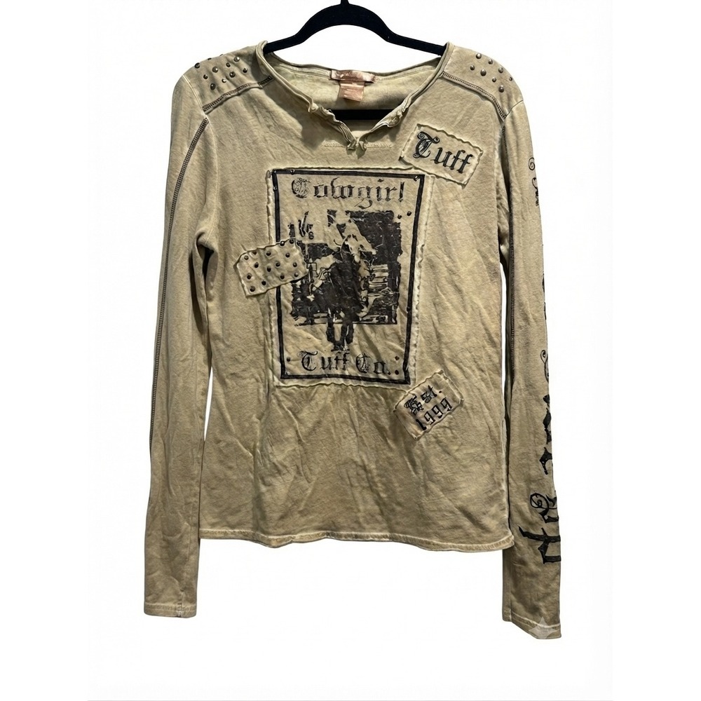 Cowgirl Tuff Co Tan Studded Graphic Long Sleeve Top Western Y2K Distressed M